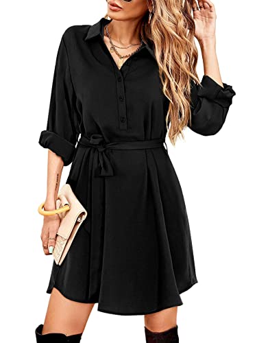 Beluring Ladies Dresses Casual Long Sleeve Dress Shirt Dressrs with Pockets Black Size16 18