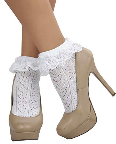 Image of ToBeInStyle Women's Indie Girl Ruffle Trim Heart Net Design Ankle High Fashion Socks