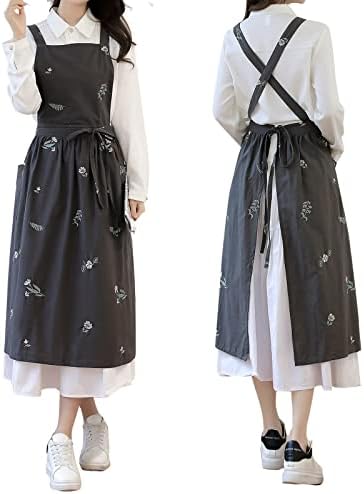 TALIBSA Pinafore Apron Dress，Japanese Cotton Linen Cross Back Apron for Women with Pockets，Cooking Apron,Gardening Apron