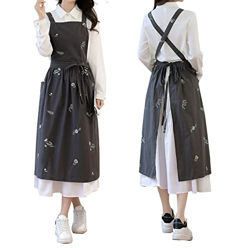 Talibsa Pinafore Apron Dress，Japanese Cotton Linen Cross Back Apron For Women With Pockets，Cooking Apron,Gardening Apron #TOP2