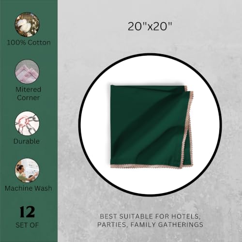 Image of FINGERCRAFT 100% Cotton Cloth Napkins Set of 12, 20 x 20 Inch Reusable Table Napkins with Golden Trim Lace, Mitered Corners, Dining Table Linen for Wedding, Festive, Restaurant & Home Use (Eden Green)