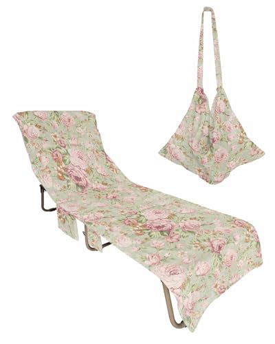 Spring Flower Beach Chair Towel Covers for Chaise Lounge with Side Pocket, Soft Plush Pool Towels Cover for Patio Sunbathing Outdoor Botanical Leaves Morden Rustic Garden Herbs 29''x85''