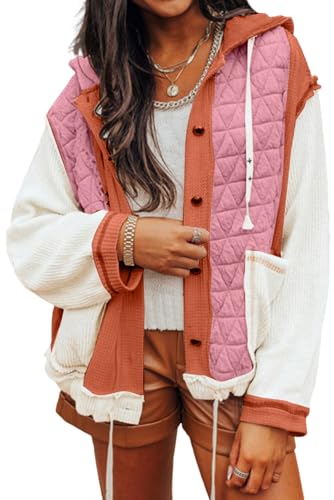 KevaMolly Womens Western Jacket Long Sleeve Coral Quilted Textured Patchwork Loose Fit Hooded Jacket Hooded Casual Daily Western Shirt S