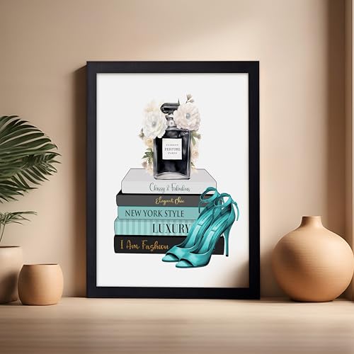 Image of Poster Master Fashion Print - Blue Designer Poster - Shoes & Perfume Art - Chic Gift for Her & Fashionista - Luxury Haute Couture Decor for Bedroom or Girl's Room - 16x20 Black Framed
