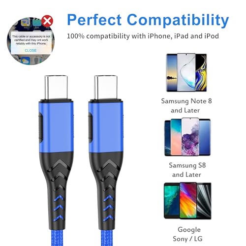Image of Durcord Phone cableC to C Cord 2Pack 10ft USB C to USB C Cable 100W Fast Charger Cable for Phone etc. Blue