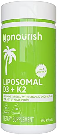 UpNourish Liposomal D3 & K2 MK-7, Advanced Absorption for Optimal Bone and Immune Health, Supplies 5000 IU 125 mcg Vitamin D3 and 100 mcg Vitamin k2 with Organic Coconut Oil, 365 Mini softgels