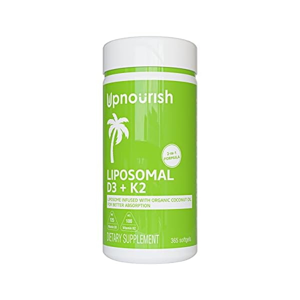 UpNourish Liposomal Vitamin D3 K2 MK7 365 Softgels - VIT D3 5000 IU + K2 100 mcg with Organic Coconut Oil - K2 D3…