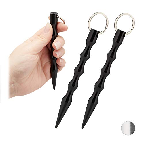 Preisvergleich Produktbild Relaxdays Kubotan 2er Set, zur Selbstverteidigung, Schlüsselanhänger, Frauen & Männer, Wellengriff, 14 cm lang, schwarz