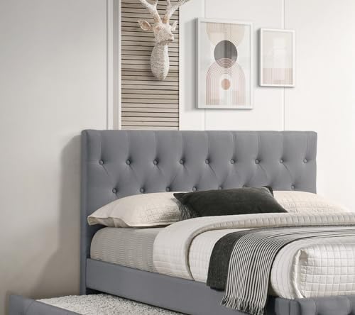 Cama de solteiro contemporânea com ripas de rodízio, botão estofado de serapilheira cinza claro com