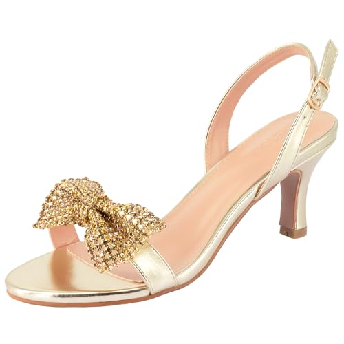 SheSole Women's Bow Rhinestones Dress Sandals Kitten Heels Sparkle Wedding Shoes for Bride Open Toe