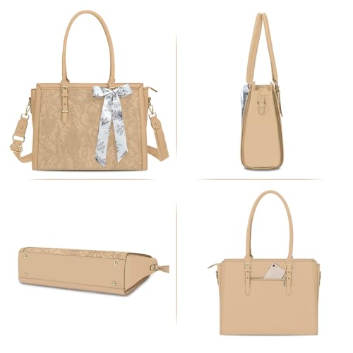 Image of MOSISO Laptop Bag for Women, PU Leather Tote Bag, Front Embossed Retro Hibiscus Computer Bags with Silk Scarf&Clutch Purse