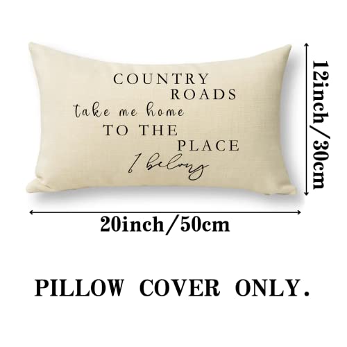 Image of Lumbar Country Roads Take Me Home Christmas Rectangle Decorative Throw Pillow Cover, Rustic Quote Home Farmhouse Decoration, Housewarming Gift Cushion Case for Sofa Decor Cotton Linen 12 x 20