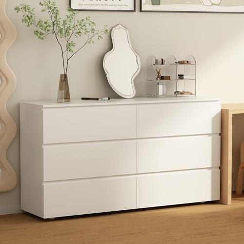 FAMAPY Chest of Drawers White Dresser No Handles, 6 Drawer Chest with Wide Storage, Modern Contemporary 6-Drawer Cabinet, White Dresser for Bedroom Living Room Hallway (59”W x 15.7”D x 32.3”H)