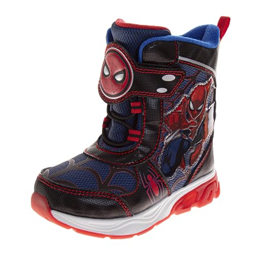 Disney SpiderMan Snow Boots with Lights - Spidey Winter Boot for Boys - Fur Lined Insulated Waterproof - Black/Red (size 6 Toddler)