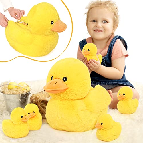 MorisMos Anatra Giallo Peluche Mamma con 5 Cuccioli, Coccoloso Anatroccolo di Peluche Kawaii per Bambini, Anatre Giocattolo di Peluche Carino per Ragazze Compleanno Regalo 40cm