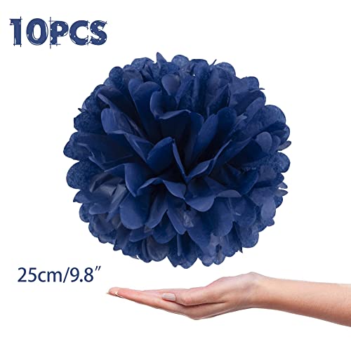 Image of 10 Pcs Paper Pom Poms Flowers for Wedding, Birthday Party, Baby Shower, Nursery Decor, Bachelorette Party Hanging Decor, Easy Joy (10 inch, Navy Blue)