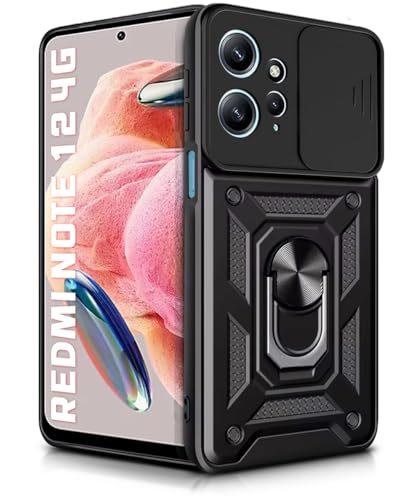Image of WOW IMAGINE Tough Armor Bumper Mobile Back Case for Redmi Note 12 4G | Sliding Camera Shield Cover | Shock Proof 360 Protection | Hybrid PC + TPU | Ring Holder with Kickstand - Black