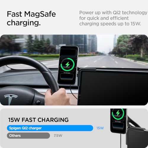 Image of Spigen TapLock Qi2 MagSafe Charging Tesla Phone Mount for Model Y & More | For Model Y /3 /S /X /Juniper - For iPhones with MagSafe & Galaxy phones with MagSafe cases & Pixel phones with Pixelsnap