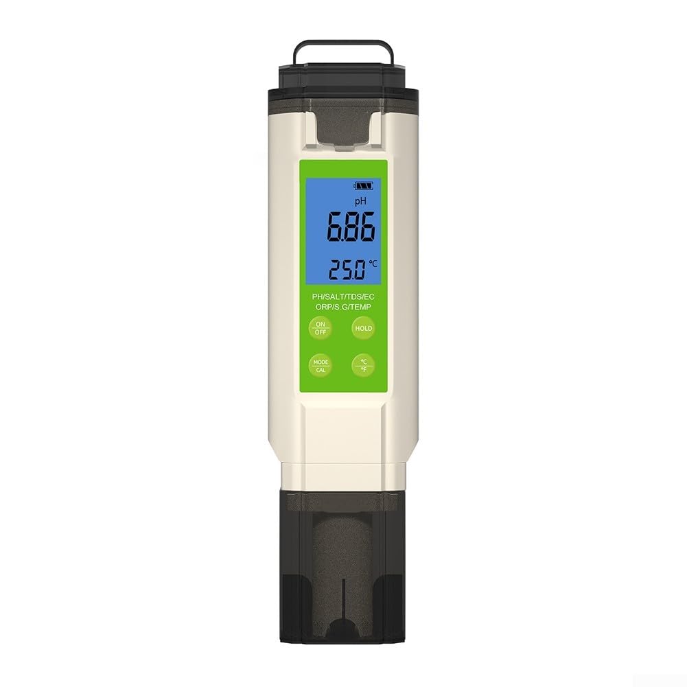 Probador de calidad de agua 7 en 1 para PH Salinidad ORP Temperatura Medidor digital portátil para piscinas, acuarios, peceras, agua de mar y agua dulce con gran lectura fácil
