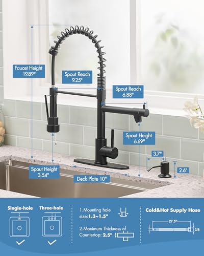 Image of AIMADI Black Kitchen Faucet with Pull Down Sprayer,Stainless Steel | Spring Kitchen Sink Faucet with Soap Dispenser,Modern Single Handle Faucets for Farmhouse,RV,1or 3 Hole