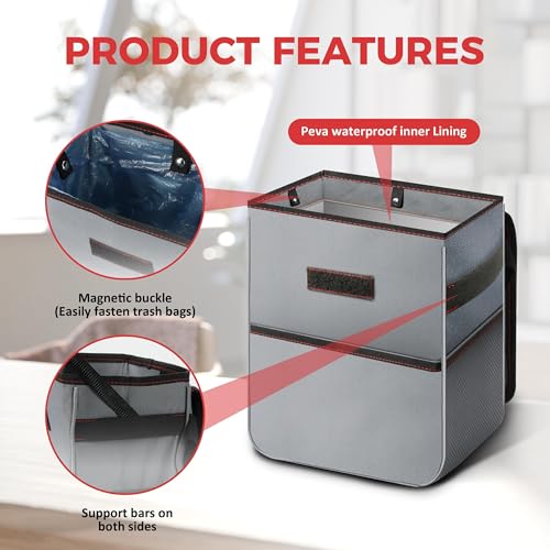 Image of Simple Deluxe 2 Gallon Car Trash Can, Collapsible Adjustable Straps and Portable Organizer, Multipurpose Bin with Lid and Storage Pockets, Grey