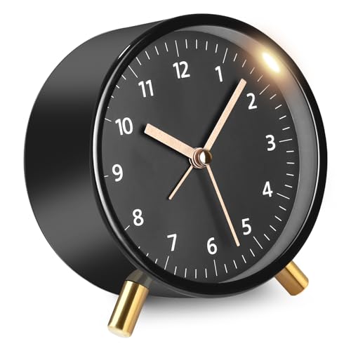 TIDEVAN Reloj Despertador Analógico Reloj Despertador de Metal Redondo Negro Despertador Analógico Silencioso sin Tictac con Luz Nocturna para Dormitorio Oficina Viajes