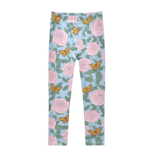 Rose Line Butterflies Floral Girls Leggings Soft Stretch Workout Yoga Dance Pants for Kids Casual Tights