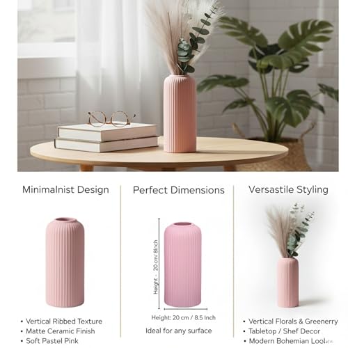 Image of KREATIVE ART'S Modern Ribbed Design Ceramic Flower Vase for Living Room, Flower Pots for Artificial Flower, Home Decoration Item, Home Decor, Vases for Living Room (Pink, Medium)