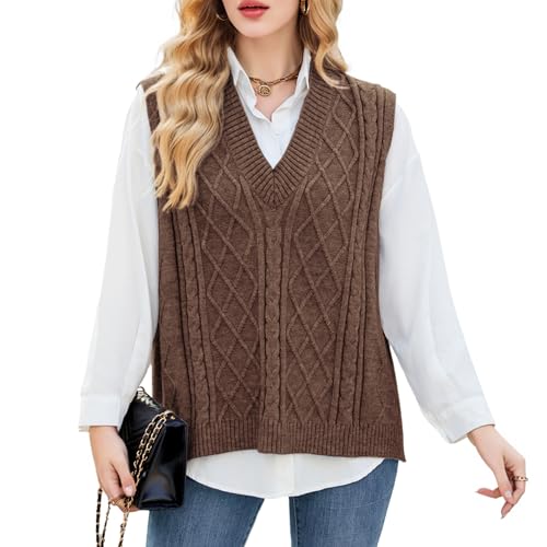 Blostirno Women's V Neck Sweater Vest Oversized Ribbed Sleeveless Cable Knit Pullover Loose Fit Split Hem Tops