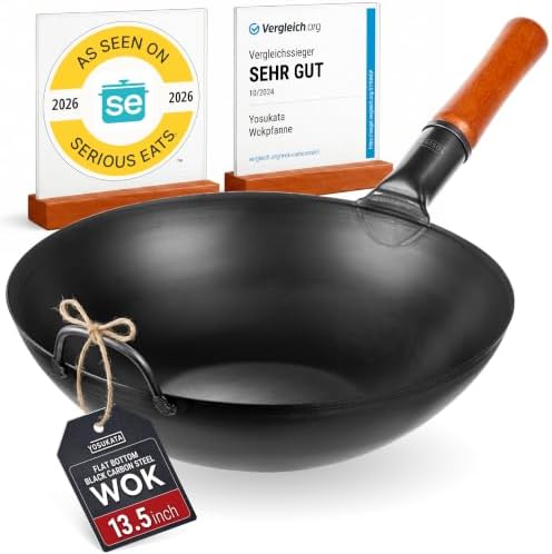 YOSUKATA 13.5" Pre-Seasoned Flat Bottom Black Carbon Steel Wok fo...