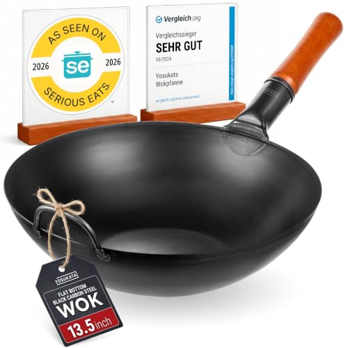YOSUKATA 13.5" Pre-Seasoned Flat Bottom Black Carbon Steel Wok for Stir Fry
