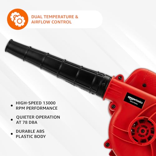Image of Amazon Basics 500W Air Blower | 13000 RPM | Compact Dust Cleaner for Home, Car, Furniture & Garden | Lightweight ABS Body | Red
