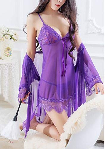 AboygoAboygo 3pcs Womens Sexy Lingerie Dress Set Lace Babydoll Sleepwear Nightwear with G-String Belt Purple S