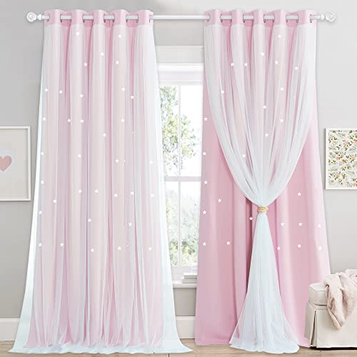 NICETOWN Star Blackout Curtains with Nets - Decorative Star Panels for Room Darkening, Kids' Room/Bedroom, 2 Panels, W66xL90 Inch (168×229 cm), Pink