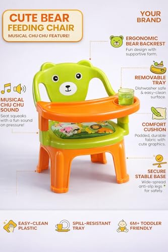 Image of MY LITTLE TOWN Kids Feeding Chair| Musical Chu Chu Chair| Baby Chair| 4-36 Months| Baby Chair| Portable| Booster seat (Greenish Yellow with Orange)