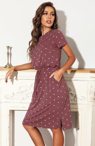 Image of Simier Fariry Womens Summer Hide Belly Knee Length Travel Dress Pocket Short Sleeve Midi Work Casual Outfits