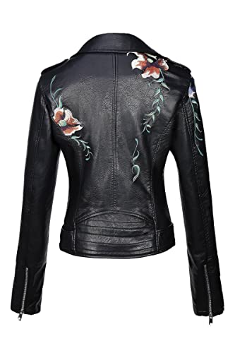 Bellivera Women Faux Leather Jacket Studded Rivet Floral Moto Biker Coat2