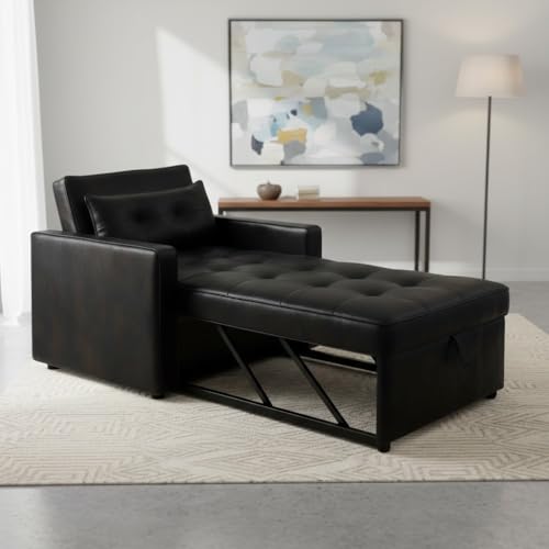 Image of FURNY Tressa 1 Seater Leatherette Pull-Out Sofa Cum Bed (Black) Premium Finish Sectional Sofa | Comfortable & Durable | Ideal for Living Room