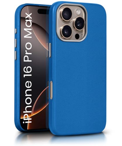 Image of WOW IMAGINE Back Cover for iPhone 16 Pro Max | Shockproof Tough Leather Texture Hard Mobile Case | Ultra Slim Non-Slip Grip | Inner Velvet Fabric | Metal Camera Ring - Blue