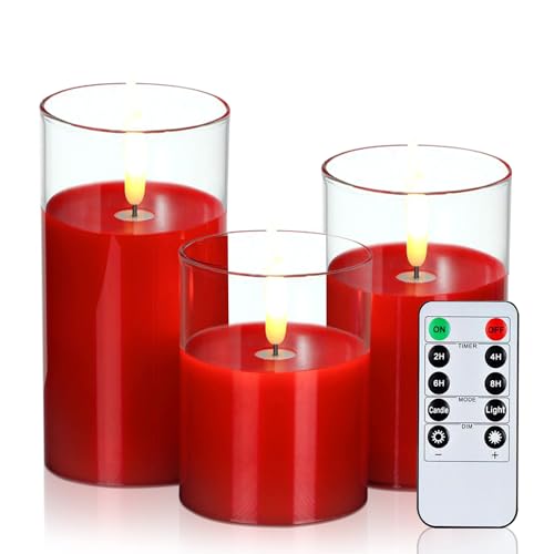 Clear Glass Flameless Candles Battery Operated with Timer, Remote Control, LED Pillar Candles Battery Powered, D3 H4 5" 6", Set of 3 (Red)