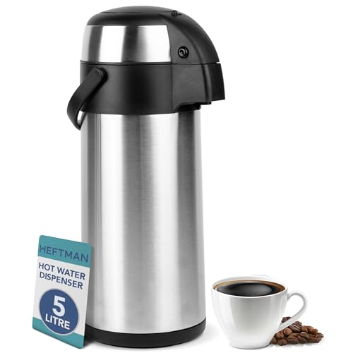 HEFTMAN Jarra térmica de café – Bomba de aire de acero inoxidable de 5 litros, aislamiento de doble pared, a prueba de fugas, jarra de café y té con base giratoria de 360°, asa de transporte, bloqueo