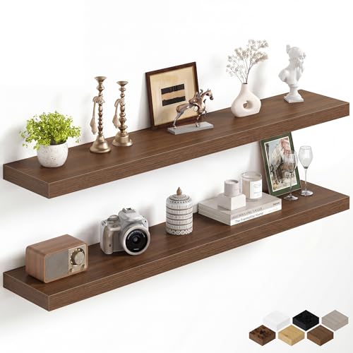 Image of Fun Memories 48Inch Floating Shelves for Wall, 8 Inch Deep Shelves for Bathroom|Bedroom|Kitchen, Large Wall Mounted Wood Hanging Shelf with Invisible Brackets for Home Storage Decor, Walnut - 2 Pack