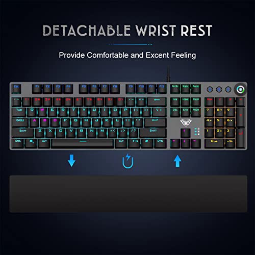 Aula True Mechanical Keyboard Wired Led Rainbow Backlit Gaming Keyboard With Clicky Blue Switches Detachable Wrist Rest, Full Size 108 Key Anti-Ghosting Computer Mechanical Keyboard - Black #TOP2
