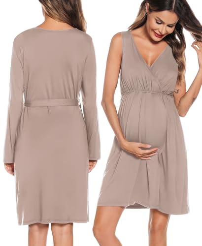 Image of SWOMOG Women Maternity Nursing Gown and Robe Set 3 in 1 Labor Delivery Nursing Nightgown for Breastfeeding Hospital Bathrobe