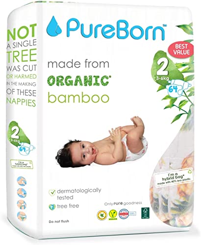 Image of PureBorn Organic Natural Bamboo Baby Disposable Diapers-Size 2 by Fratelli |From 3 To 6 Kg|Assorted Print|Premium Super Soft| Maximum Leakage Protection|Eco Friendly Nappies|New Born Essentials S2-64s