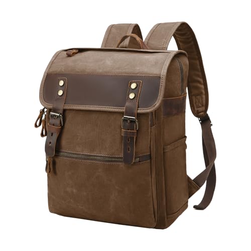 NEHOR Waxed Canvas Vintage Backpack Casual Genuine Leather Laptop Travel Rucksack for Men Women