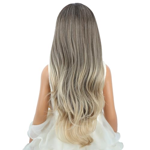 Image of Brown Ombre Blonde Wig Long Brown Ombre Blonde Middle Part Wig Long Wavy Curly Wigs Heat Resistant Synthetic Wigs for Daily Party Use