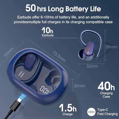 Image of Wireless Earbuds Bluetooth 5.4, 50H Playtime Sport Earphones with Earhooks, HiFi Stereo Bluetooth Hearphones with 4 ENC Noise Cancelling Mic, IPX7 Waterproof Over the Ear Buds for Gym /Running, Blue