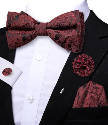 Image of Dubulle Mens Paisley Striped Bowtie Set Pre-tied Bowtie for Men and Pocket Square Set Wedding Business