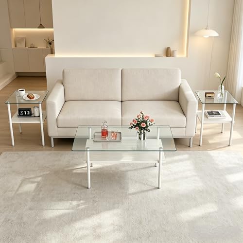 Image of 3 Piece Living Room Table Set, Include 1 Rectangle Coffee Table with 2 Square End Tables, White Glass Coffee Table Sets with Storage Shelve and Metal Legs,for Apartment Small Space